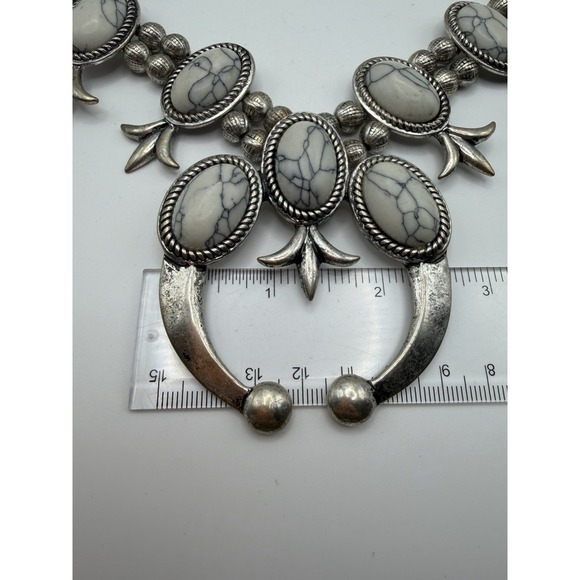 Southwestern Squash Blossom Naja Necklace White Faux Turquoise Silver Tone 22in - Picture 3 of 13